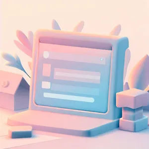 An abstract image of a computer with browser's interface and open modal in it, in soft pastel colors.